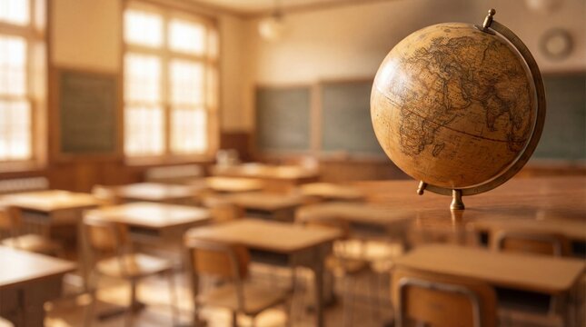 Vintage globe on a wooden desk inside an empty blurry classroom setting