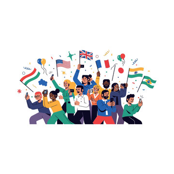 Diverse group of people celebrate with flags and phones in a festive atmosphere outdoors.