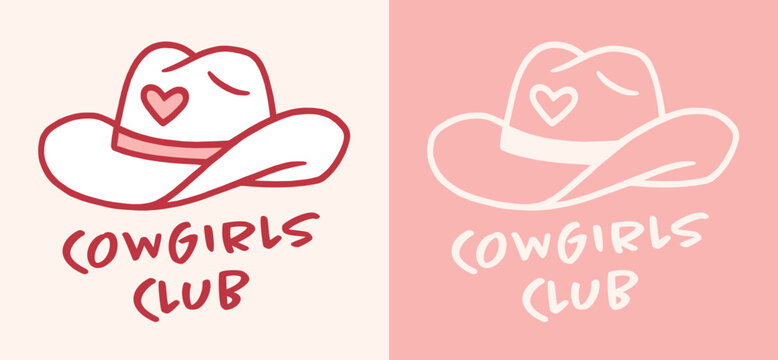 Cowgirls club western country music girls night bachelorette party women shirt design girly aesthetic sticker. Coquette preppy pink and red cute cowboy hat with heart doodle outline drawing print.