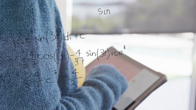 Vertical video: Woman tapping tablet, overlays spreading, solving equations as camera receding