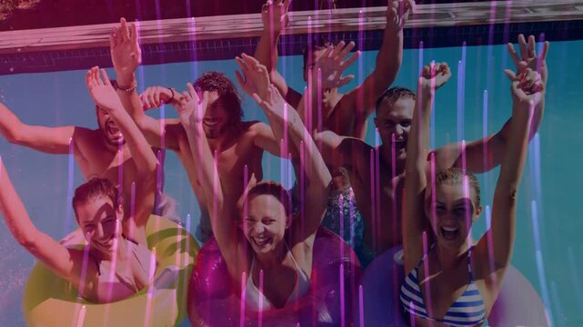 Group on floats shifting with camera zoom forming heart lifting arms under neon streaks for ads