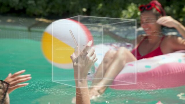 Beach ball hitting donut float, woman in red reacting, reaching, others passing ball for marketing