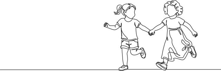 continuous line drawing of two happy young girls joyfully running hand in hand, line art vector illustration © Christian Horz