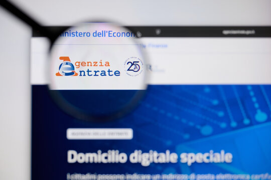 Milan, Italy - 2026, 20 Apr: Agenzia delle Entrate logo displayed under a magnifying glass on laptop scree