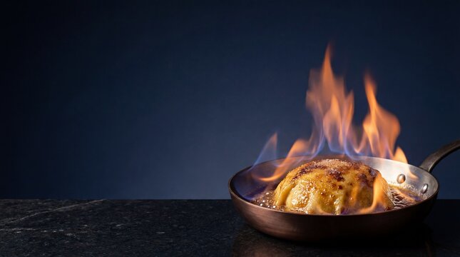 Baked Alaska dessert flamb&eacute; in a copper pan on a dark table surface