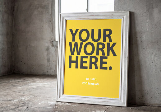 Vertical canvas poster mockup in white frame standing on floor