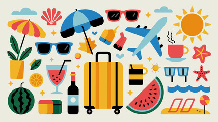 A colorful flat style illustration depicts various summer vacation essentials like beach accessories drinks and travel items high quality professional detailed modern elegant stylish clean crisp © Ultimate