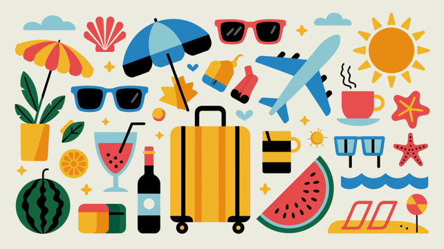 A colorful flat style illustration depicts various summer vacation essentials like beach accessories drinks and travel items high quality professional detailed modern elegant stylish clean crisp