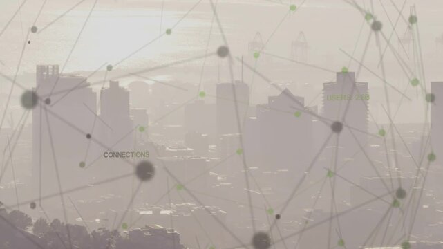 Word CONNECTIONS appearing mesh fading in over hazy skyline nodes linking showing USERS: 2