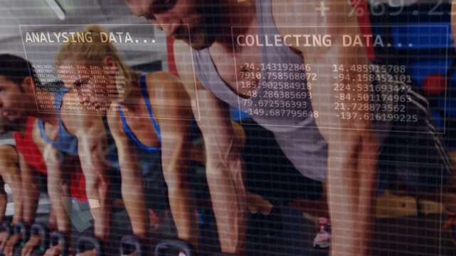 Group of exercisers leaning over kettlebells in gym, HUD collecting and analyzing performance data
