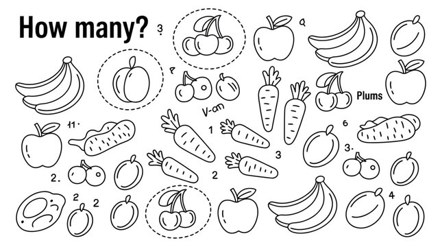 A black and white illustration presents a counting activity featuring various fruits and vegetables prompting viewers to determine quantities high quality professional detailed modern elegant stylish