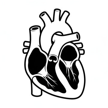 Human heart anatomy cross section vector illustration. Minimalist black and white diagram showing internal chambers, valves, and blood vessels.