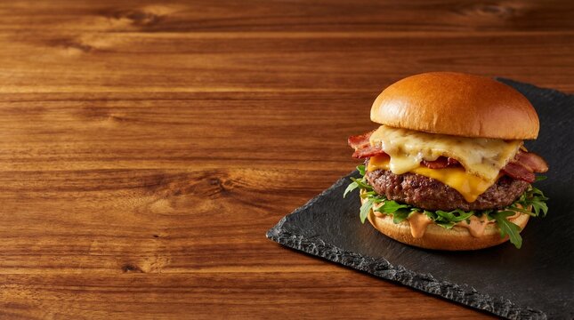 Beef burger with cheese and bacon on a stone plate on wood background