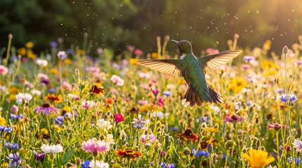 Fototapeta premium hummingbird hovering wildflower meadow backlit garden bloom wings glowing tiny bird among colorful flowers in warm sunlight creating a delicate summer nature scene for wellness branding and editorials