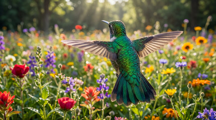 Fototapeta premium hummingbird hovering colorful wildflower garden sunlight wings open tiny bird amid vivid blooms and morning light creating a fresh botanical nature scene for branding editorials and seasonal design