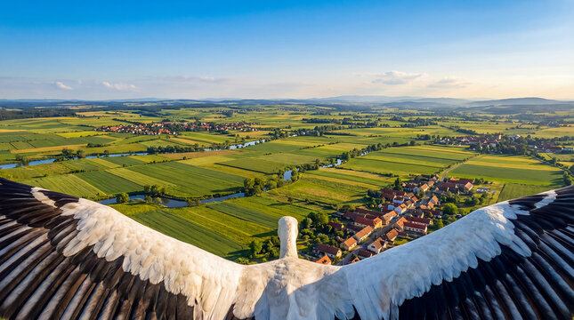 white stork flying countryside farmland village river wings spread bird above green fields and winding water in daylight creating a panoramic rural migration scene for travel branding and editorials