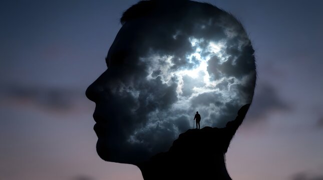 Silhouette profile of a head containing a dramatic sky and a lone figure representing introspection and the inner world