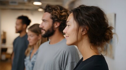 Obraz premium A group of diverse adults engaged in positive discussion and collabo n within a bright modern studio environment