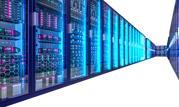 Server racks creating 3d endless data center corridor