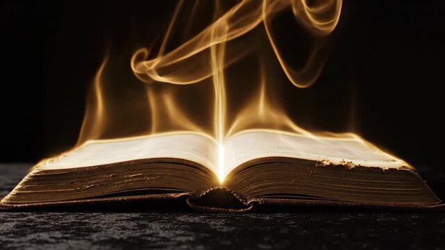 An open book with illuminated pages against a dark background. The light creates a warm glow, highlighting the texture of the pages.