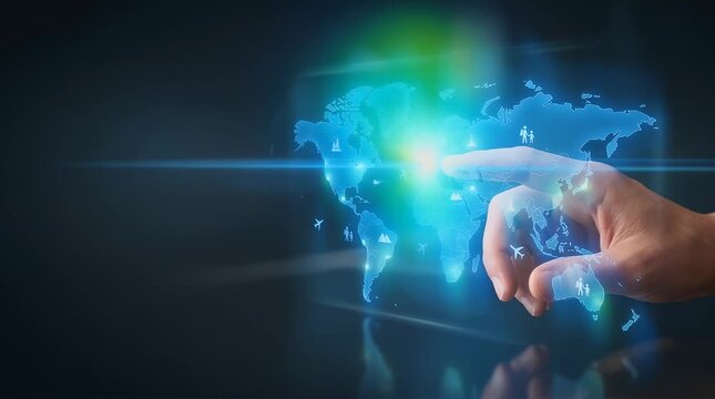 A blurred background reveals a hand reaching toward a holographic world map, icons animated with gentle movement as the finger touches the map, creating a vibrant interaction in a modern digital space