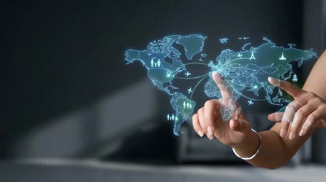Blurred background reveals a hand reaching toward a glowing holographic world map, fingers hover as data points animate gently, in a modern office with soft lighting, camera pushes in to settle on the