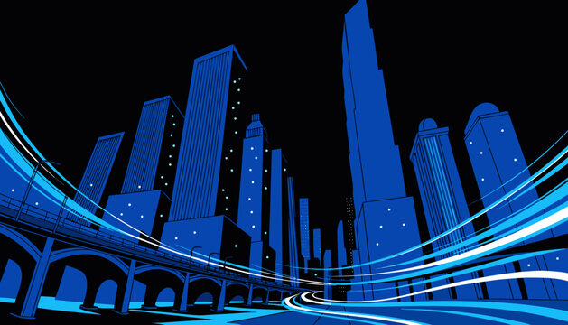 Blue city skyline vector illustration with bridge and light trails