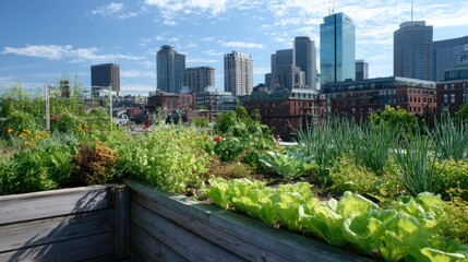 Fototapeta premium Rooftop garden with vegetables and pollinator plants overlooking urban skyline