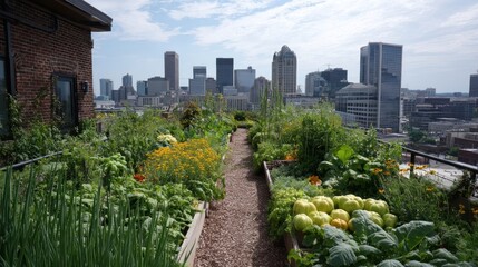 Fototapeta premium Rooftop garden with vegetables and pollinator plants overlooking urban skyline