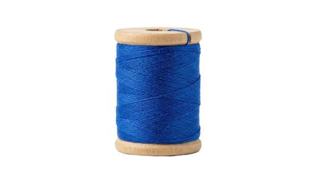 A vibrant blue thread wound on a vintage wooden spool stands out against a clean white background, symbolizing crafting and sewing.
