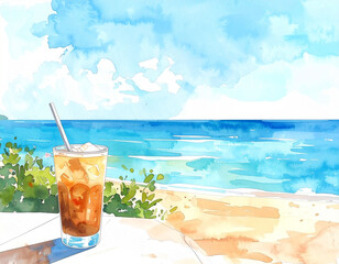 Obraz premium 青い海と空を背景にした冷たいアイスコーヒーのイラスト 夏のリゾートをイメージさせる爽やかで手描き風のタッチのドリンクメニュー用素材 メッセージを書き込める余白のあるおしゃれな夏の背景イラスト