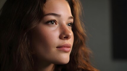 Naklejka premium A thoughtful portrait of a young woman in natural light against a dark minimalist background