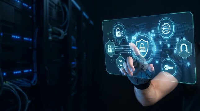 Blurred background reveals a hand reaching towards a floating digital interface displaying VPN and security icons. Hand slowly approaches UI, elements animate, finger touches, scene settles in a dark 