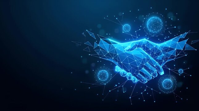 Blurred background reveals a hand reaching toward a glowing holographic handshake, digital particles animate with subtle movements, cool blue lighting enhances the futuristic atmosphere, slow push-in 