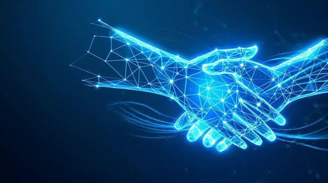 A blurred background gradually reveals a hand reaching towards a glowing digital handshake interface, gently animating as it approaches, settling into a clear, vibrant scene.