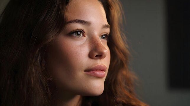 A thoughtful portrait of a young woman in natural light against a dark minimalist background