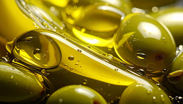 Close up of fresh green olives and olive oil with water drops