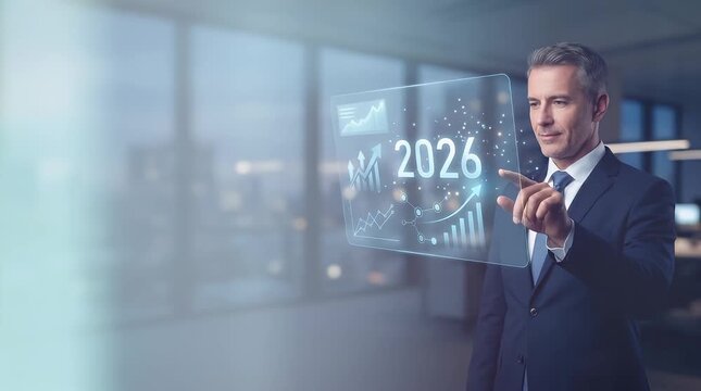 A professional man in a suit holds a tablet displaying holographic financial data, gently pushes in as UI elements drift around, with a bright office background and soft lighting, scene settles into a