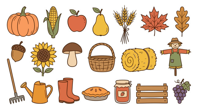 Autumn harvest icons including pumpkin corn fruits leaves mushrooms basket scarecrow gardening tool boots pie bread and grapes symbolizing fall season and Thanksgiving celebration Element Set Element 