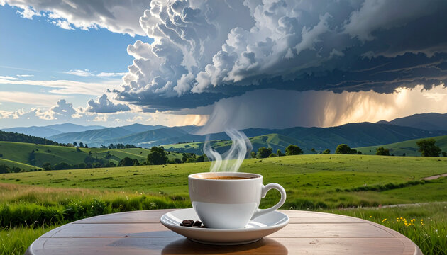 Coffee cup on a table overlooking a vibrant green landscape under cloudy sky