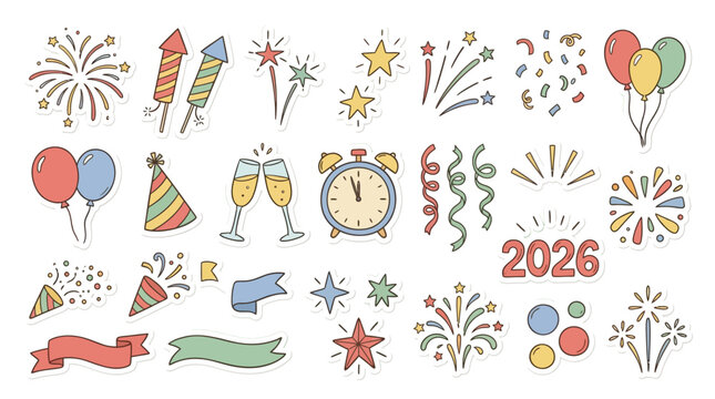 New Year celebration icons set including fireworks party hats champagne noisemaker and clock striking midnight symbolizing joy and festivity in the year 2026 with colorful decorations. Element Set Ele