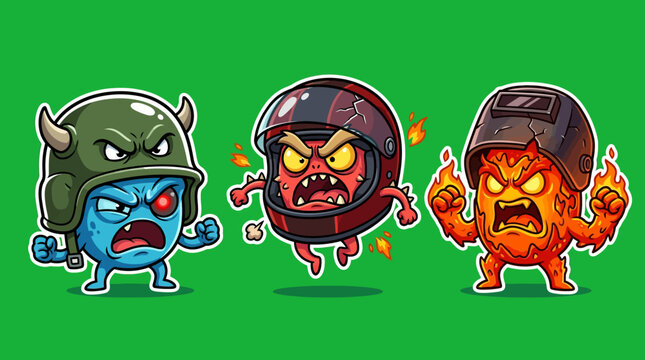 Three Angry Cartoon Characters with Helmets and Fiery Expressions.