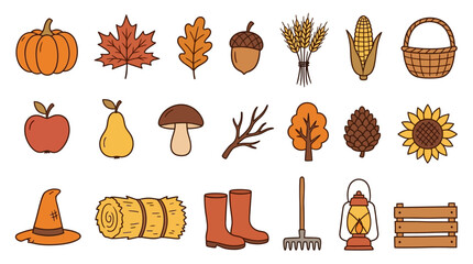 Autumn harvest icons set including pumpkin leaves acorn basket fruits tools and seasonal items in warm orange tones for Thanksgiving decoration or fall festival design Element Set Element Bundle © Dikzma