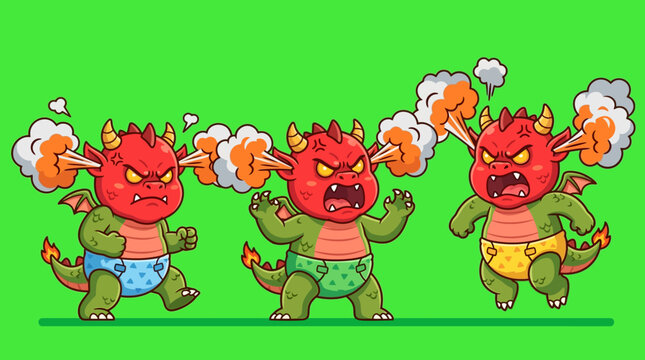 Three Angry Cartoon Dragons with Steam Erupting from Their Heads.