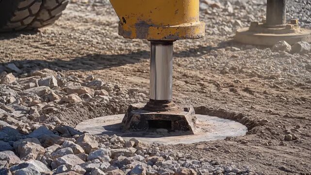 Hydraulic Stabilizer Leg Landing on Gravel Ground Construction Site