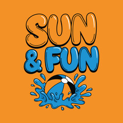 Obraz premium Vibrant summer graphic with beach ball and water splashes on orange background design