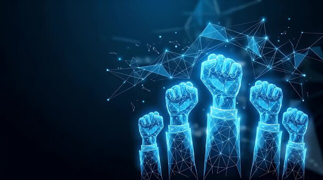 In a dim environment, glowing digital fists materialize, slowly rotating with a faint ambient glow, surrounded by shimmering particles, creating a powerful atmosphere of unity and strength.
