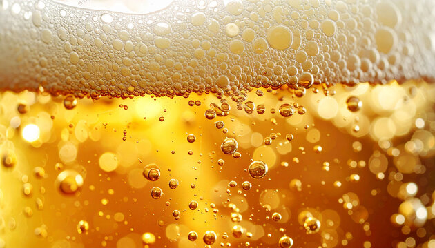 ビールグラスの中の黄金色の液体とクリーミーな泡の接写　炭酸の気泡と光の粒子が輝く涼しげでシズル感のあるドリンク背景素材　飲食店や広告バナーに活用できるクローズアップ写真