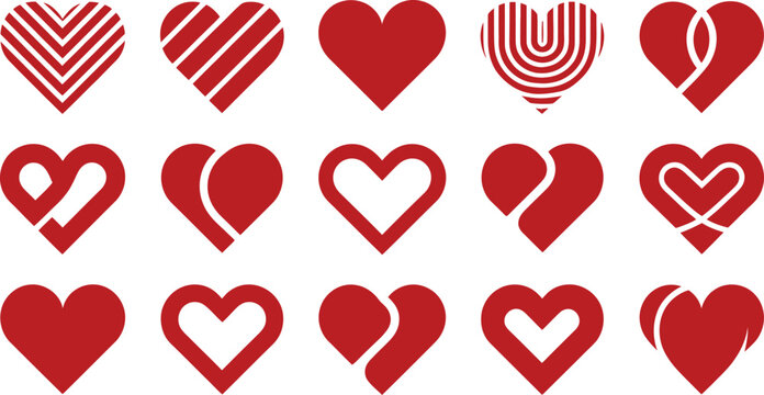 Collection of fifteen red heart with geometric patterns and linear styles