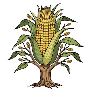 Corn Tree Illustration: Abundant Harvest Growth and Agriculture Concept